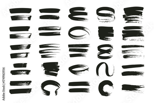 Collection of 30 black brush stroke elements scalable vector graphics for design projects silhouette