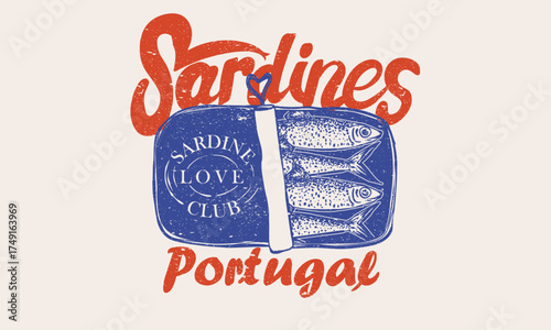 Sardines tin love club. Seafood t shirt design. Sardines fish market in portugal. Canned fish artwork. Sardines fish artwork for t shirt print, poster, sticker and other uses.