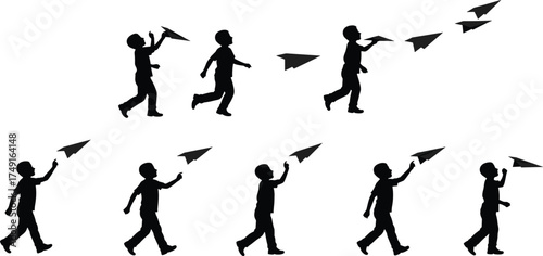 Boy throwing paper airplane silhouette, childhood imagination, playful moment, outdoor fun, freedom, creativity, flight, happy child playing, dream concept