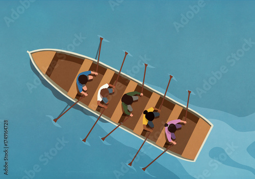 View from above men and women rowing boat backwards on water
