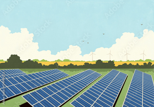 Rows of solar panels in sunny, idyllic rural field with solar farm in background
