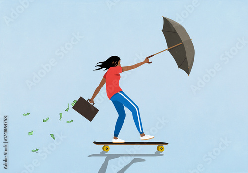 Woman with money briefcase and umbrella riding skateboard in the breeze

