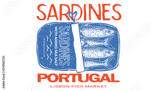 Sardines tin love club. Sardines fish market in portugal. Canned fish artwork. Sardines fish artwork for t shirt print, poster, sticker and other uses. Seafood t shirt design.  