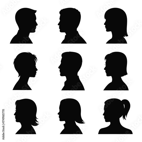 Diverse male and female head silhouettes collection scalable vector eps graphics silhouette