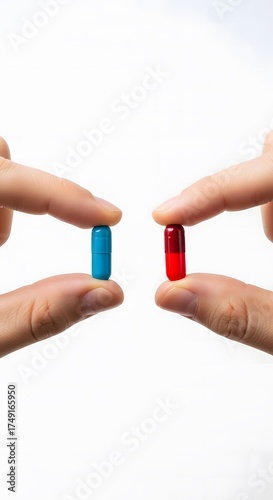 Two hands present blue and red pills, symbolizing a profound critical decision. This visual represents choosing between two distinct paths, realities, or significant life options