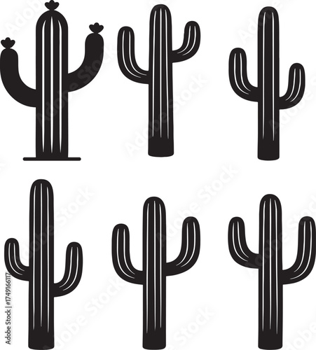 Branch Cactus Silhouette Set – Minimalist Desert Plant Vector Icons