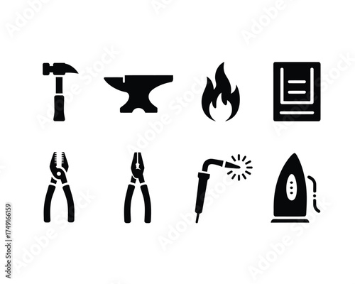 Set of eight black and white icons for blacksmithing and metalworking tools vector illustration silhouette