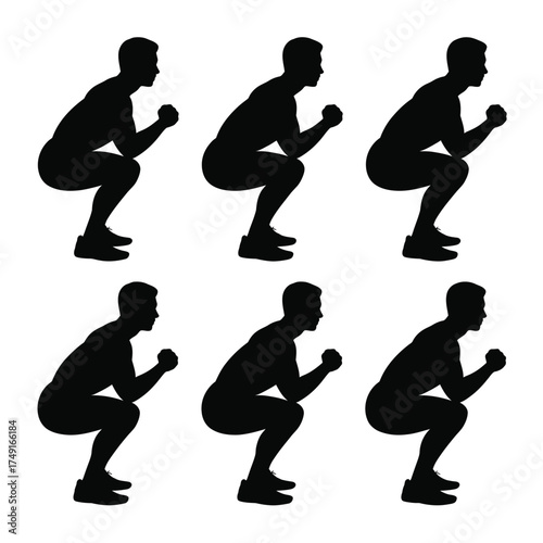 Six silhouette illustrations of a person performing a squat exercise motion vector graphics silhouette
