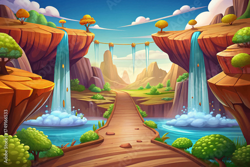 Floating road between giant waterfalls suspended in air wallpaper vector background, magical fantasy world filled with mist and light.