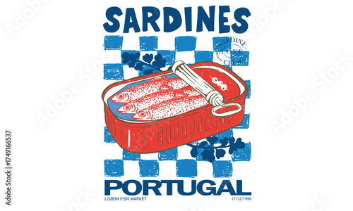 Sardines fish market in portugal. Canned fish artwork. Sardines fish artwork for t shirt print, poster, sticker and other uses. Seafood t shirt design.  