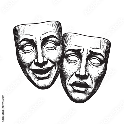 Theater Masks, a Hand-Drawn Sketch of the Classic Comedy and Tragedy Masques, Representing Dramatic Arts in a Vintage Engraving Style