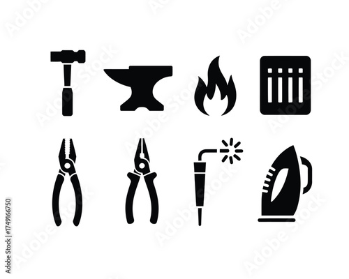 Set of eight black and white icons representing blacksmithing and metalworking tools and processes vector illustration silhouette