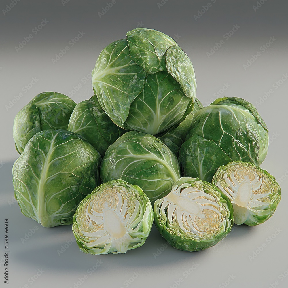 Fototapeta premium Group of Brussels sprouts, one sliced, revealing intricate texture