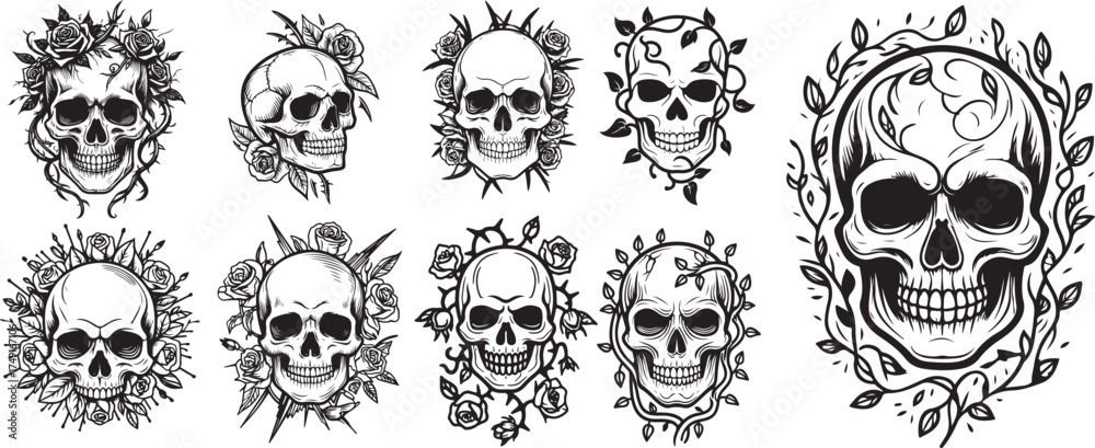 Fototapeta premium Collection of intricate skulls adorned with floral elements and leaves detailed artistic renditions vector