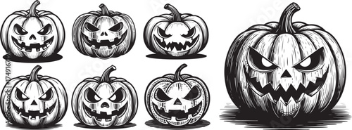 Set of spooky jack o lanterns with scary faces for halloween celebrations vector