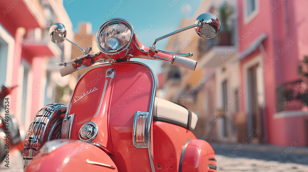 Fototapeta premium Vibrant Vintage Scooter Parked in Colorful European Street Scene with Architectural Details