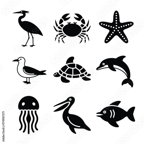 Set of 9 nautical silhouettes vector illustrations for marine life and ocean themes scalable eps silhouette