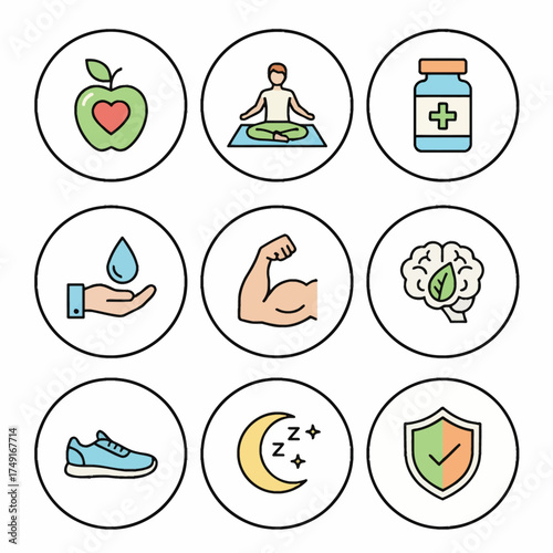 Wellness Icon Pack Modern vector icons for health and fitness themes. Minimalist flat design, clear lines, and professional color combinations. High-quality assets.