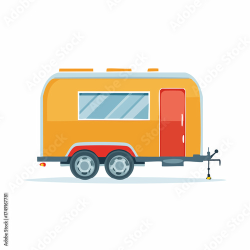 Cartoon style illustration of a vibrant orange and red travel trailer, ready for a fun outdoor adventure or camping vacation