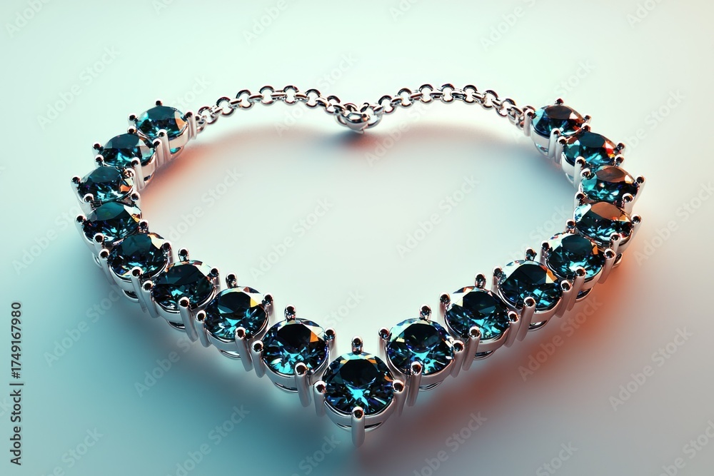 Obraz premium Heart-shaped diamond necklace with teal gems, gleaming under soft lighting