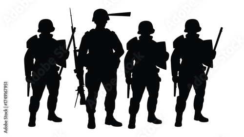 Scalable vector silhouette illustration of four armed soldiers in protective gear silhouette
