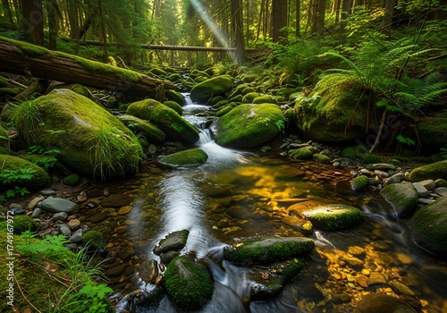 Sunlit forest stream with mossy rocks creating a serene and peaceful scene