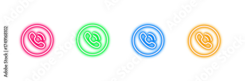 Neon glowing phone call vector icons set, telecommunication, customer support, digital, glowing, vibrant, colorful design illustration. 