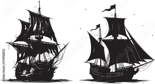 Two majestic tall ships silhouetted against a white sky maritime adventure nautical exploration vector
