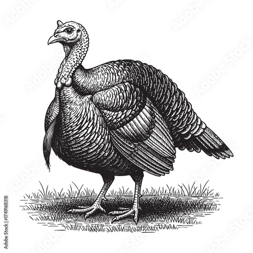 Turkey Bird Hand-Drawn Sketch Detailed in a Vintage Engraving Style
