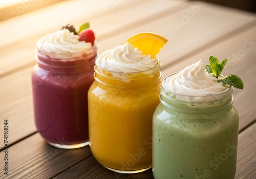 Vibrant Assortment of Fresh Fruit Smoothies in Jars on Wooden Surface