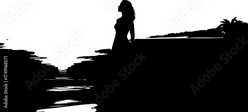 Elegant woman in silhouette gazes over serene water at tropical island paradise during golden hour sunset