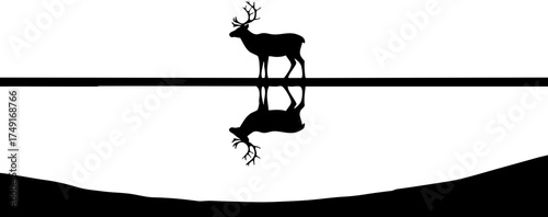 Majestic stag with impressive antlers stands reflected in still water creating a serene, minimalist natural scene