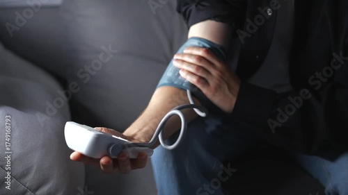 A patient with heart pain and hypertension measures his blood pressure in a dark room while sitting on a sofa.
Mucina monitors his blood pressure and pulse.
Heart and blood problems
