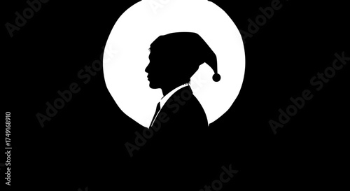 Joyful businessman wearing festive Santa hat, celebrating holiday cheer in professional silhouette against bright moonlit glow