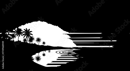 Serene tropical island silhouette with palm trees reflected on calm water, evoking peaceful escape and natural beauty