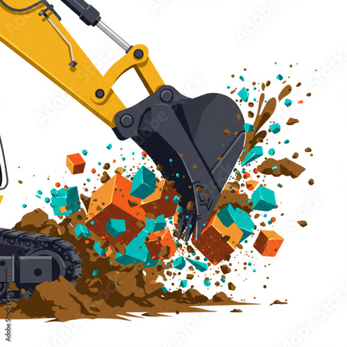 Powerful Excavator Digging Explosion Vector Illustration – Construction Machine Breaking Ground with Dynamic Motion and Debris
