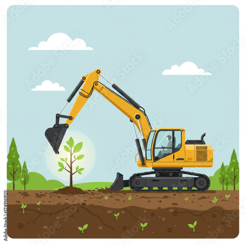 Excavator Planting Tree Vector Illustration — Eco Construction and Environmental Conservation Concept