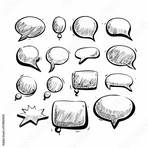A collection of hand-drawn comic book style speech bubbles and thought balloons