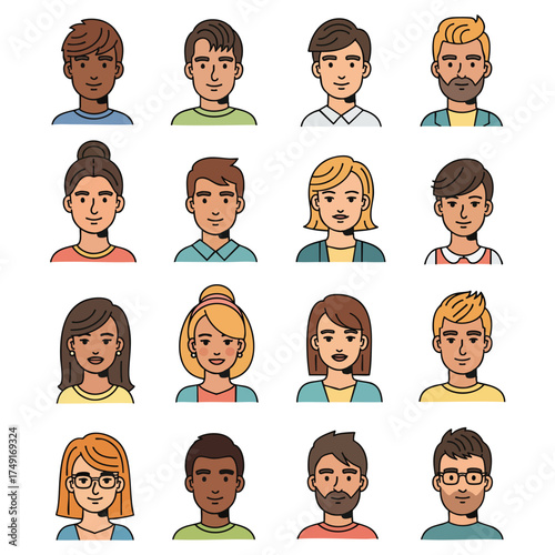 A diverse group of cartoon people avatars a collection of illustrated character headshots.