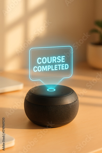 Smart speaker voice assistant achievement notification course completed modern technology home