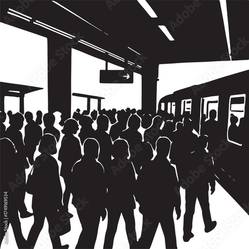 A silhouette of crowded subway station, rush hour mood, black on white