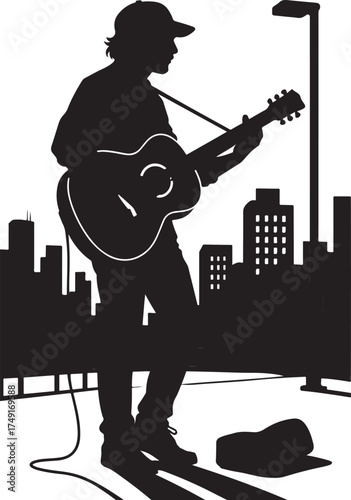 A silhouette of street musician playing guitar, urban vibe, vector style