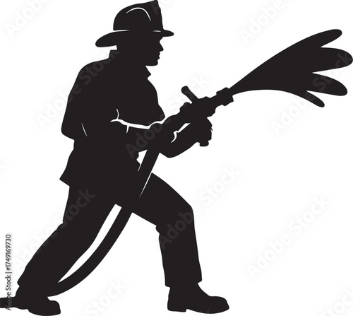 A silhouette of fireman spraying hose, heroic action, black vector