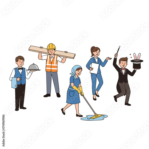 A diverse group of illustrated cartoon characters representing various professions like a waiter builder cleaner businesswoman and magician.
