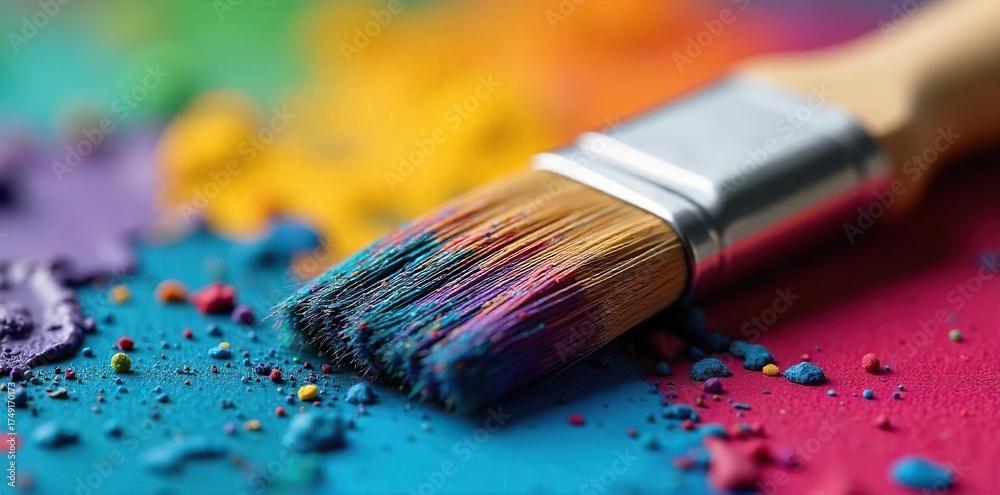 Fototapeta premium Vibrant Multicolored Paintbrush Ready for Artistic Expression Close-up of Acrylic Paint on Bristles