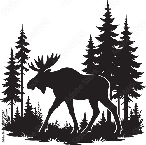 A silhouette of moose walking through trees, forest life, vector