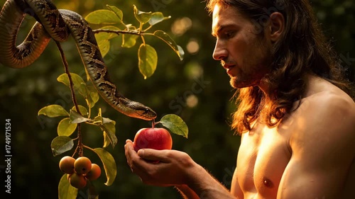 Adam receives a forbidden red apple from a cunning serpent in a beautiful, radiant garden, poised at the precipice of mankind's fall from divine grace.