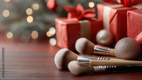 Makeup brushes and gifts on a red wooden vanity table.