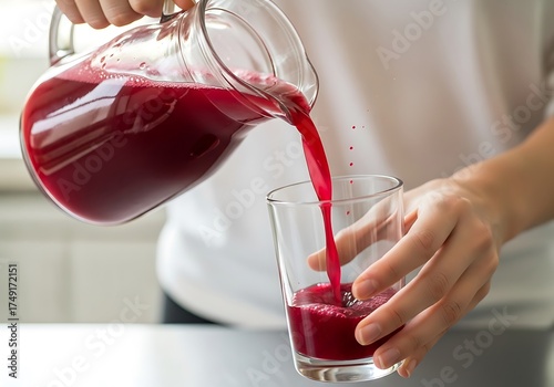 Pouring fresh beetroot juice into a glass, vibrant liquid refreshment