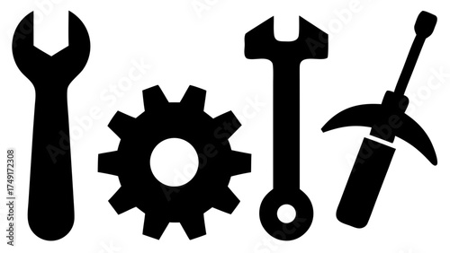 Essential tools for mechanics and repair projects, including wrench, gear, and pickaxe - perfect for construction, engineering, or DIY designs, originally a scalable vector graphic